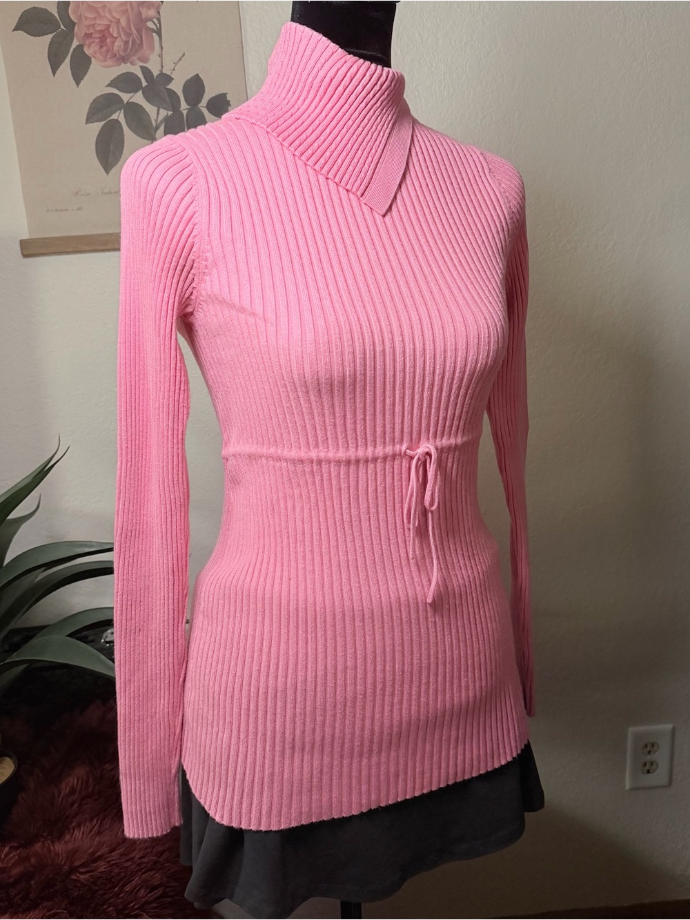 Pink Y2k Ribbed Drawstring Turtleneck Sweater - Picture 2 of 5